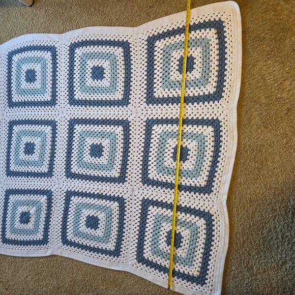 Handmade Blue White Crochet Granny Square Afghan Blanket 88x63 - Picture 6 of 9